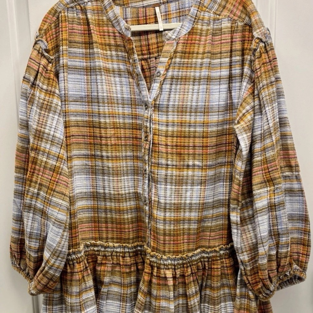 Free People Alexa Cotton Yellow Waffle Knit Plaid Mini Dress. Medium